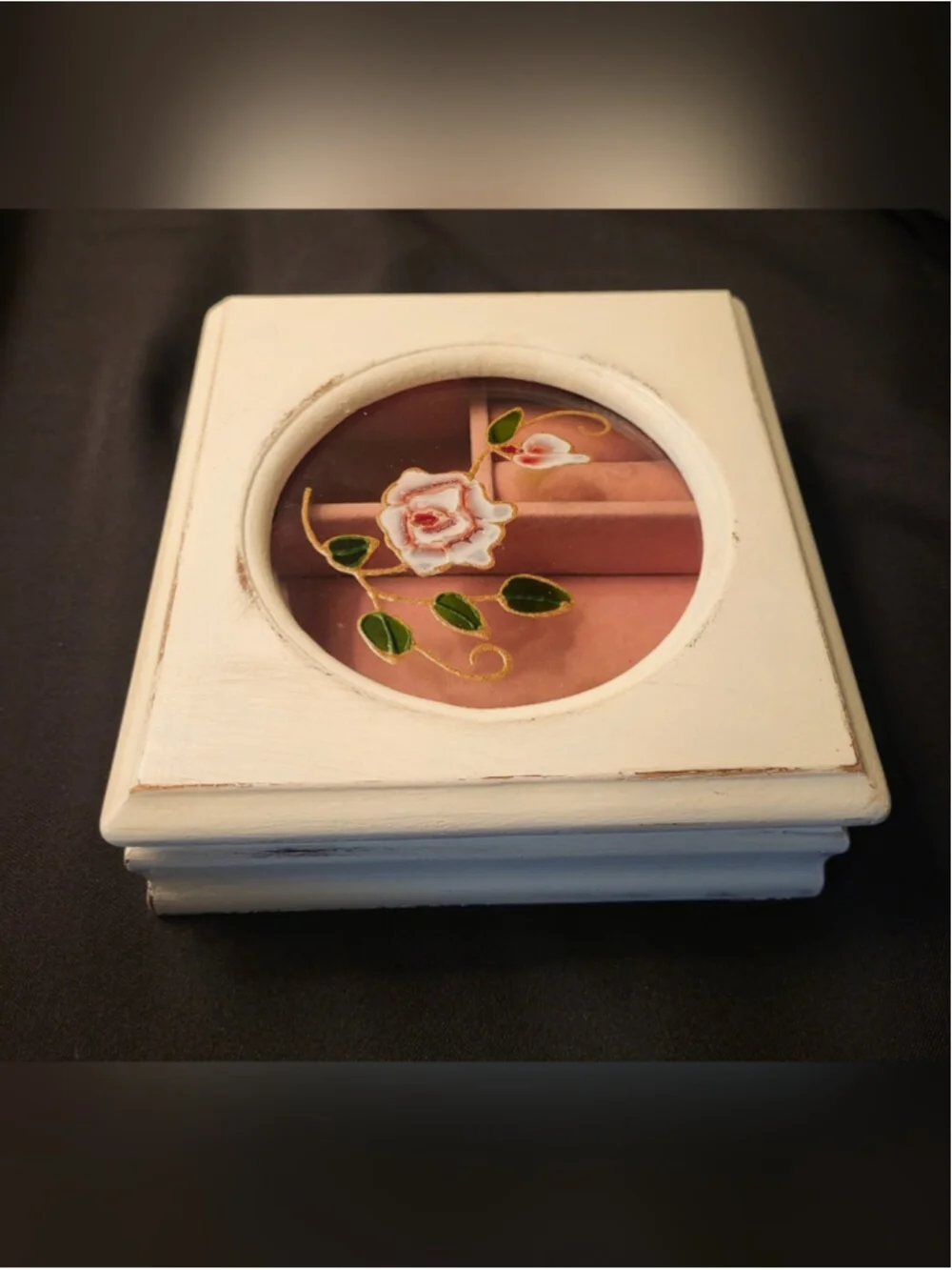 Shabby Chic Floral Jewelry Box / Keepsake Box – Hand Painted Glass Top